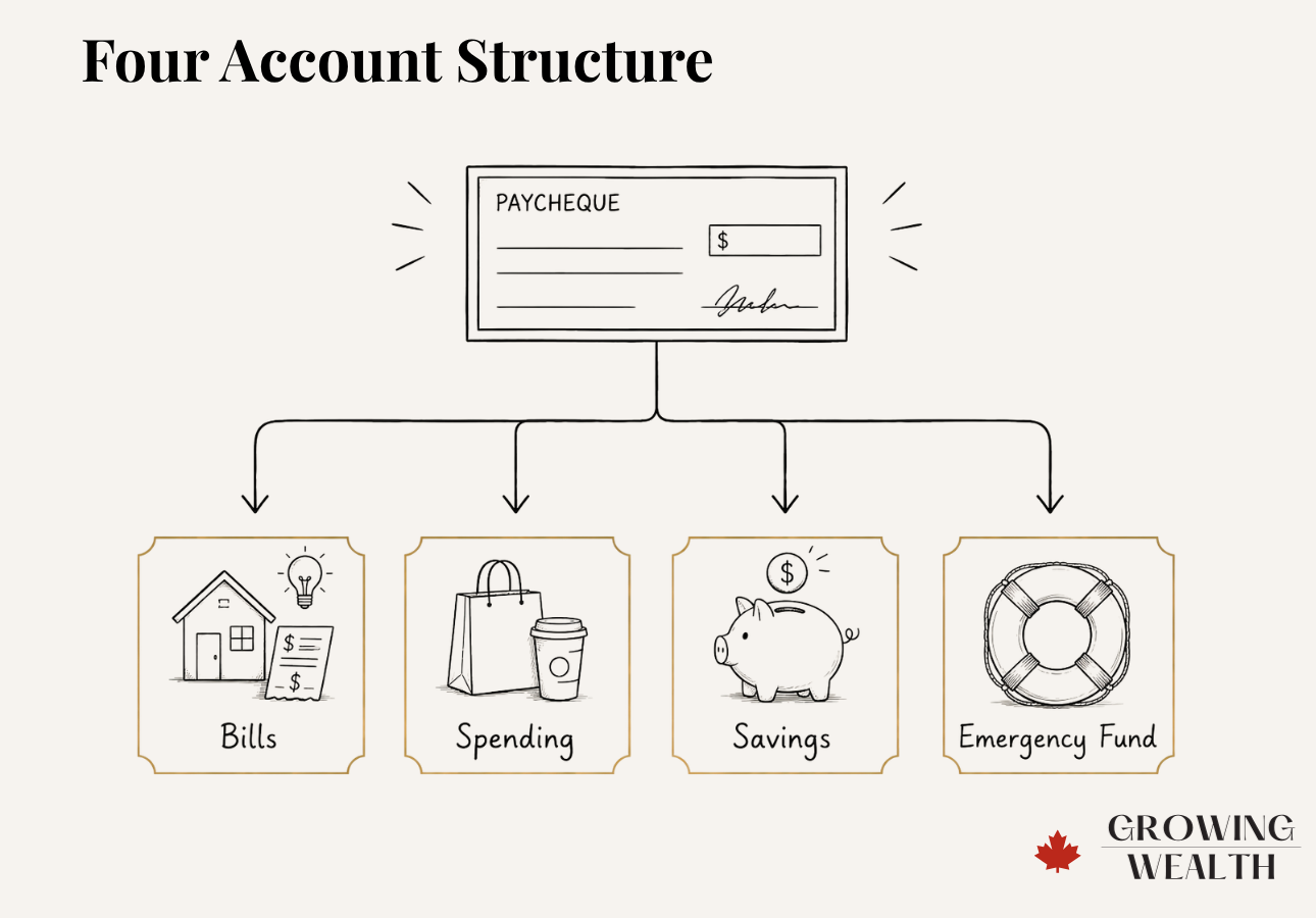 Diagram of a paycheque automatically splitting into four bank accounts