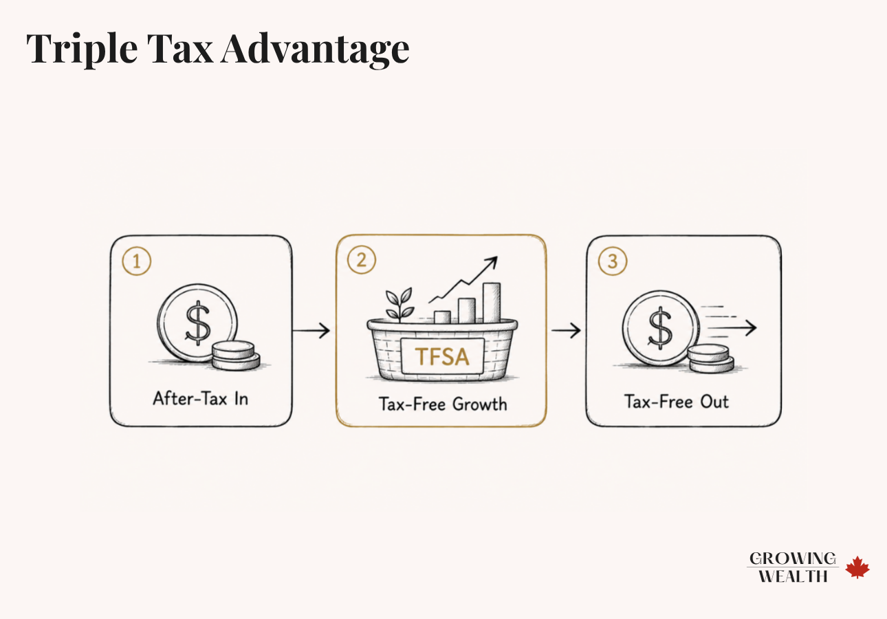 Illustration showing the TFSA triple tax advantage: after-tax money in, tax-free growth inside, tax-free withdrawal out