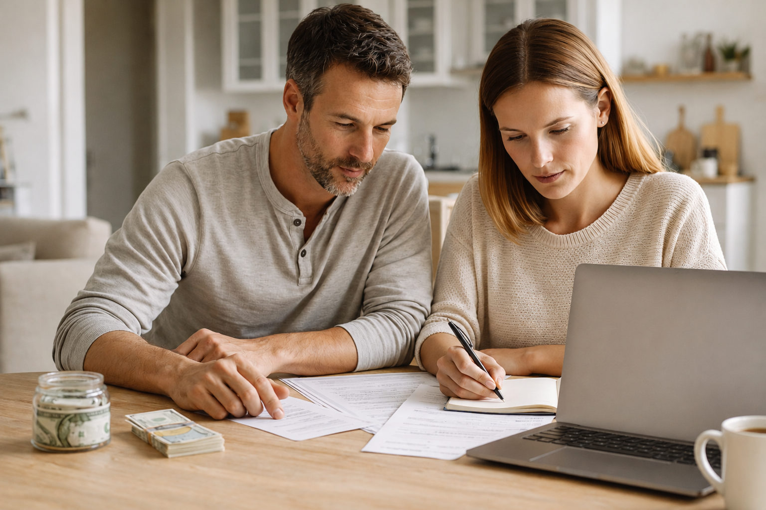 Canadian couple reviewing finances at home comparing savings and investing decisions with laptop showing growth